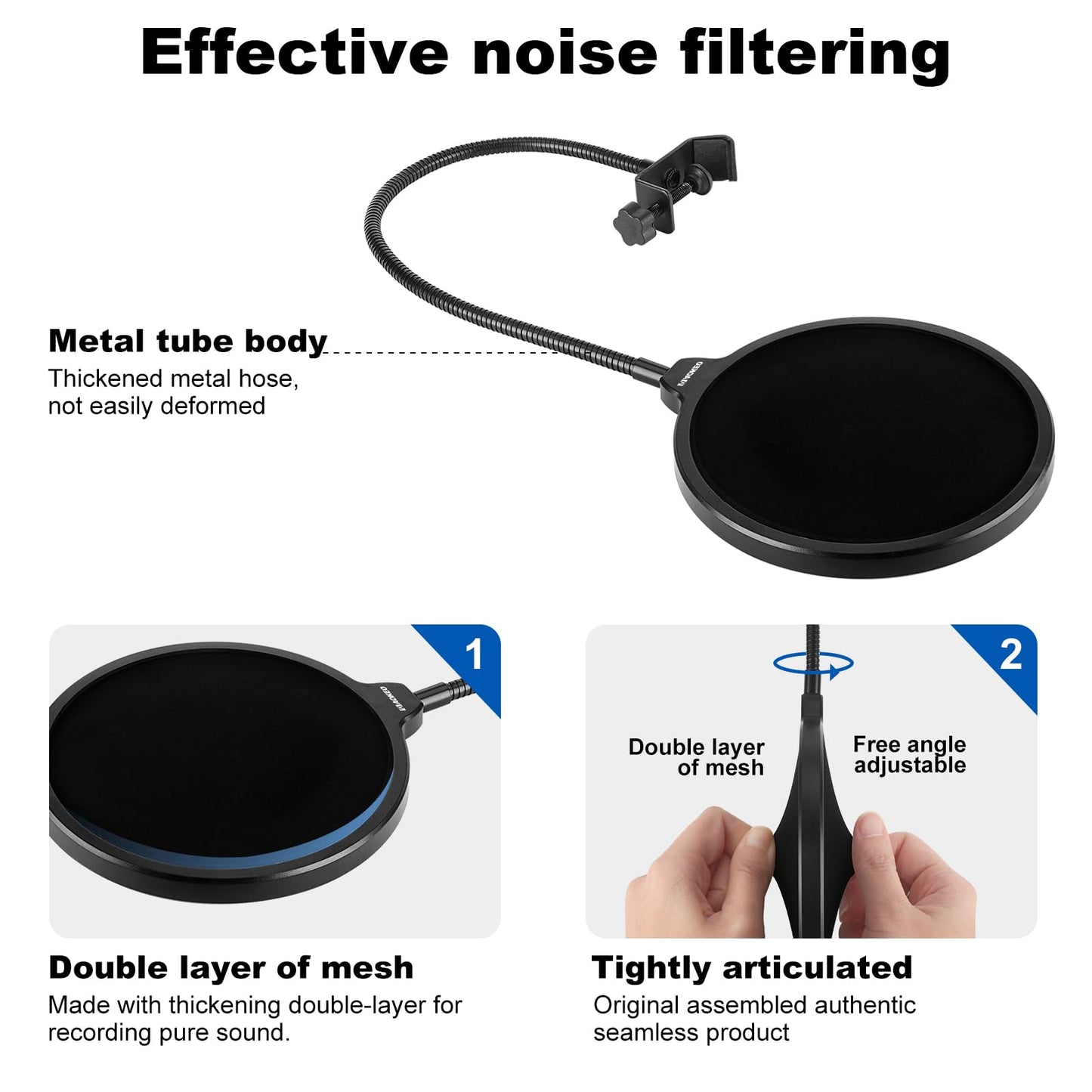 Aokeo Professional Microphone Pop Filter Mask Shield For Blue Yeti and Any Other Microphone,Mic Dual Layered Wind Pop Screen With Flexible 360° Gooseneck Clip Stabilizing Arm