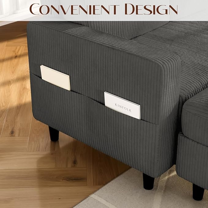 POYISOU Sectional Couches for Living Room, L Shaped Couch with Storage Ottoman, Small Sofa Corduroy Couch with Side Pockets, Modern 3 Seater Convertible Sofa for Apartment, Office, Dark Grey