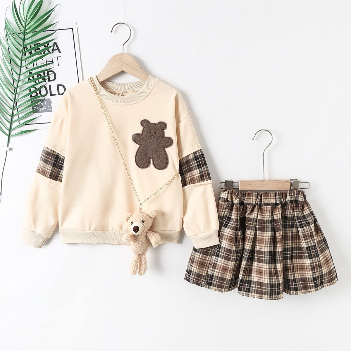 OYOANGLE Girl's 3 Piece Outfits Cartoon Print Long Sleeve Pullover Sweatshirt Top and Plaid Skirts and Bag Sets Multicolor 160