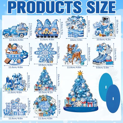 Wesiti 12 Pcs Winter Snowflake Table Decorations Wooden Centerpiece for Table Blue White Snowflake Snowman Gnomes Tabletop...
