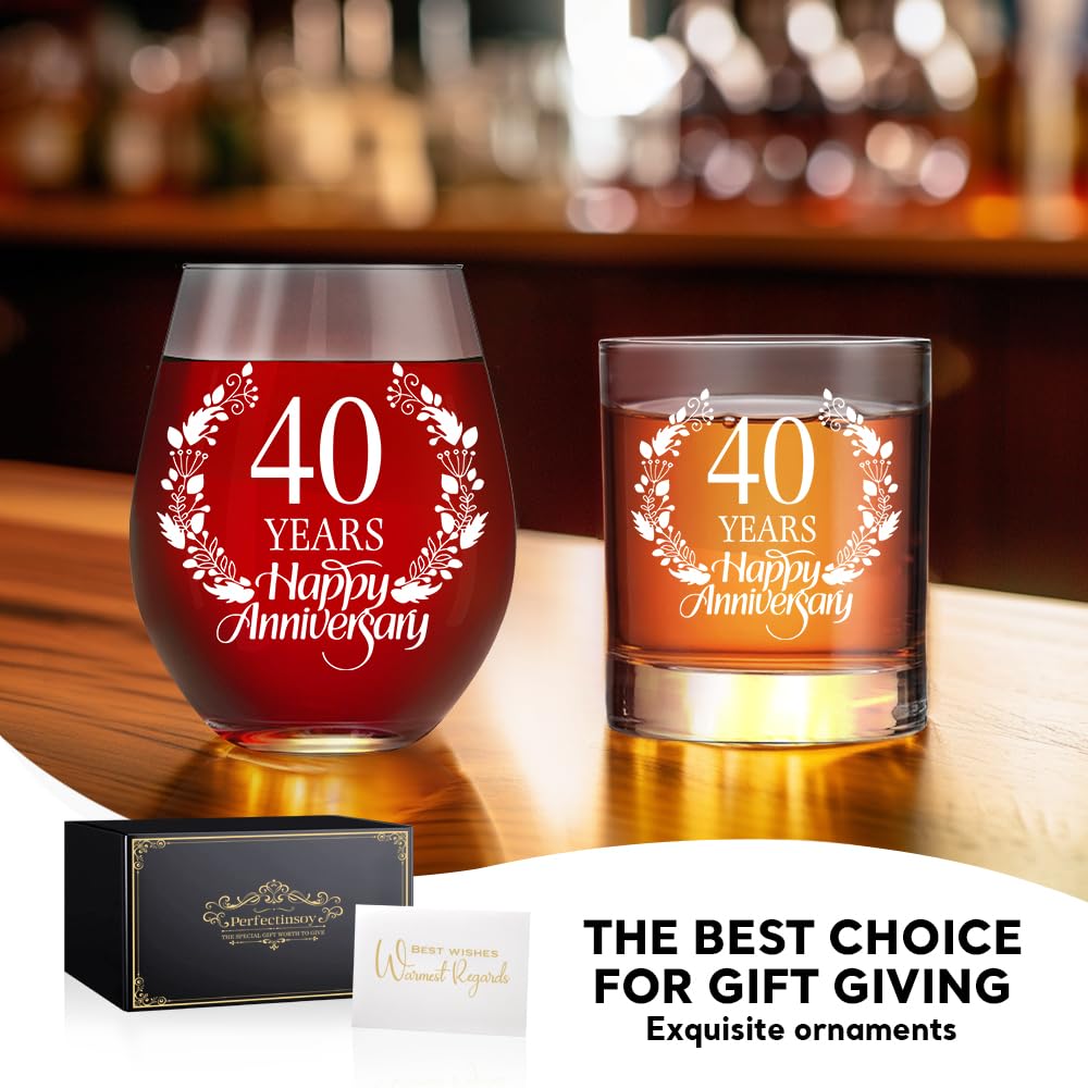 Perfectinsoy 40 Years Happy Anniversary Whiskey Glass and Stemless Wine Glass Gift Set, 40th Anniversary Wedding Gift For Mom, Dad, Soulmate, Couple, 40 Years Gifts, Happy 40th Anniversary