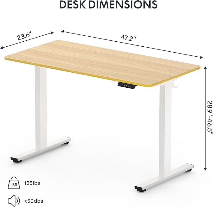 FLEXISPOT EN1 One-Piece Standing Desk 48 x 24 Inches Height Adjustable Electric Sit Stand Up Desk for Home Office (White Frame + Maple Desktop)