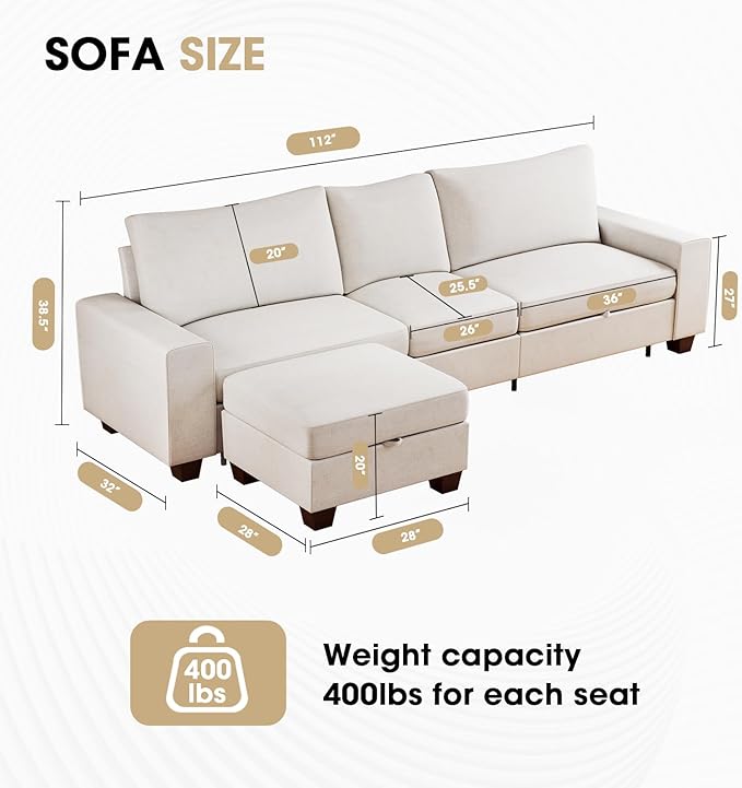 Couchus 112“ Convertible Storage Sectional Sofa,L Shaped Couch with Storage Ottoman,Multi-Functional Reversible Sofa with Huge Storage Space, Breathable Fabric (Beige)