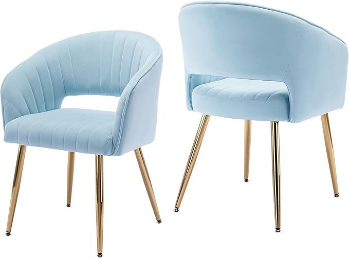KCC Modern Accent Dining Chairs Set of 2, Upholstered Velvet Dining Room Chairs with Hollow Back, Tufted Kitchen Chairs Side Chair with Gold Metal Legs for Living Room Restaurant, Baby Blue