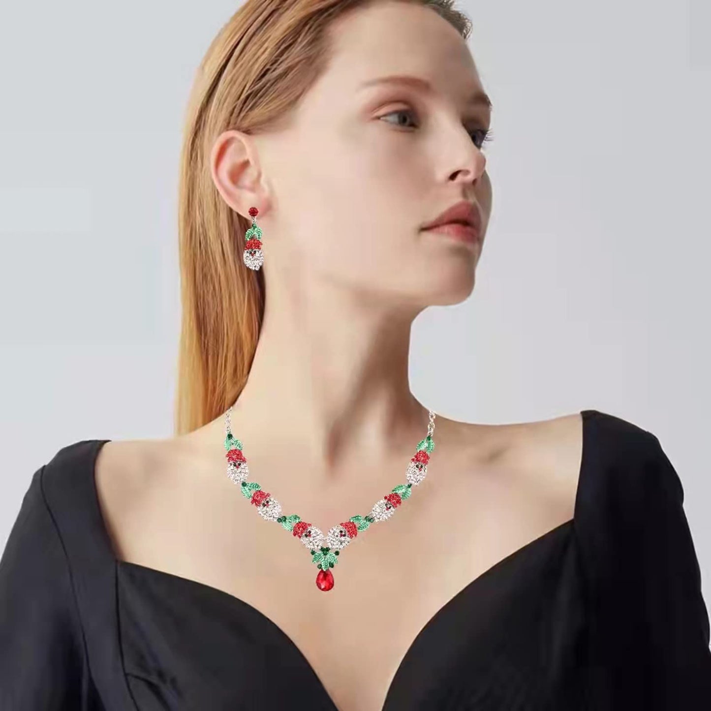 QYJ 2 Pcs/Set Fashion Statement Bib Santa Claus Christmas Necklace Dangle Earring Costume Jewelry Set for Christmas Party Xmas Gift for Women(Style1-Gold Plated)