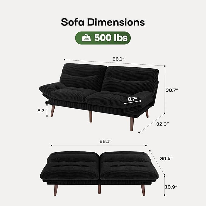 Marsail Futon Sofa Bed, 66” Futon Couch with Adjustable Backrest & Armrests, Convertible Small Sleeper Sofa Bed for Small Apartments, Study Room, Office, Corduroy Loveseat, Black