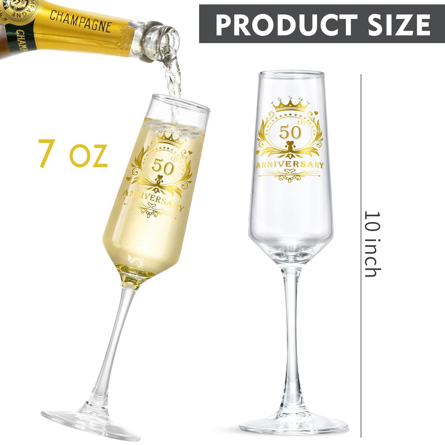 ROXBURGH 50th Wedding Anniversary Champagne Flutes Present Rhinestones Studded, 50th Anniversary Decorations 7 OZ Crystal Champagne Glasses Set of 2, Wedding Present, Couples