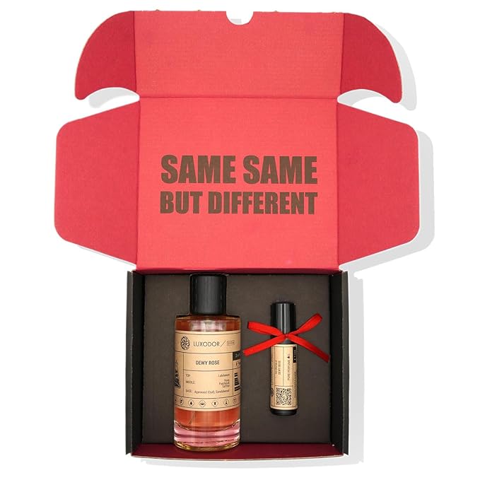 Dewy Rose Perfume for Men & Women, Inspired by Oud Ispahan, 2-Piece Combo of 100 ml Fragrance Spray Bottle and 10 ml Alcohol-Free Roll-On Perfume Oil, Vegan, Paraben-Free, Unisex