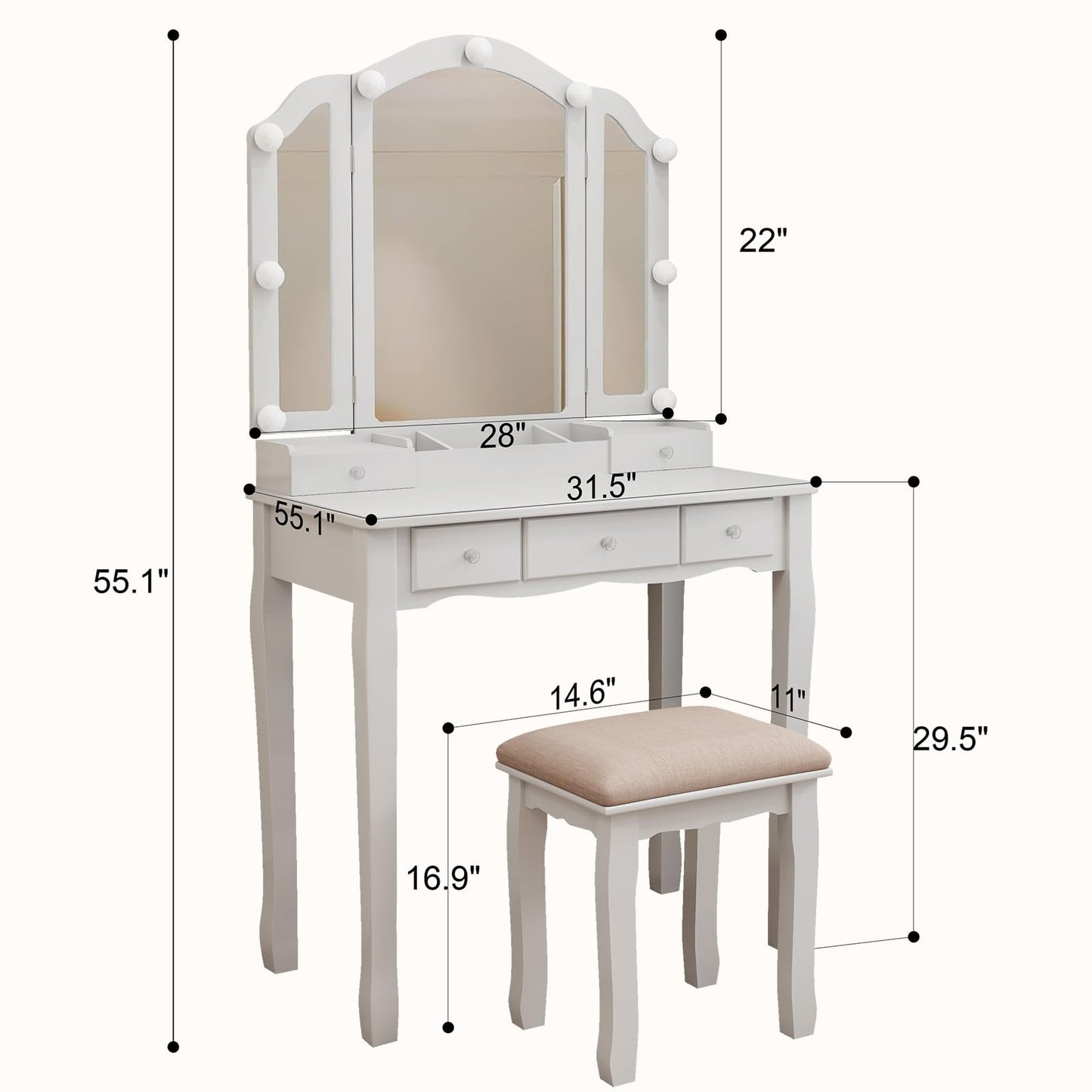 HIULOG Vanity Desk with Mirror and Lights, Vanity with Stool,5 Drawers and Cabinets White Vanity Mirror with LED Lights Vanity Desk and Chair for Bedroom