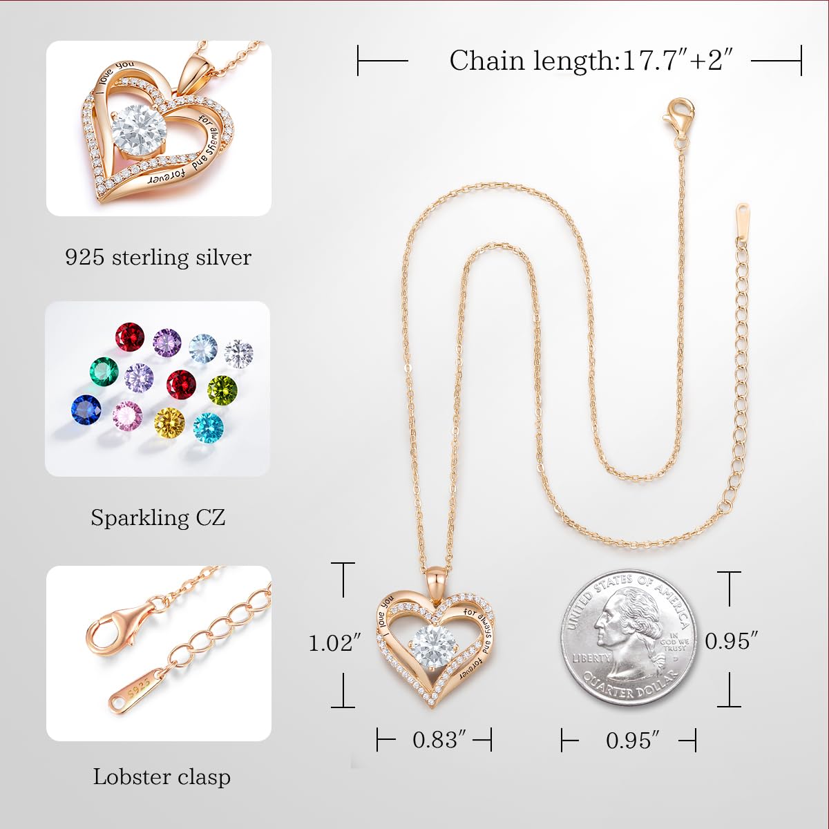 CDE Forever Love Heart Necklaces for Women, Wedding Anniversary, Birthday Mothers Day Gifts for Mom, Mother, Wife, Girlfriend, S925 Silver Jewelry with Birthstone Pendant