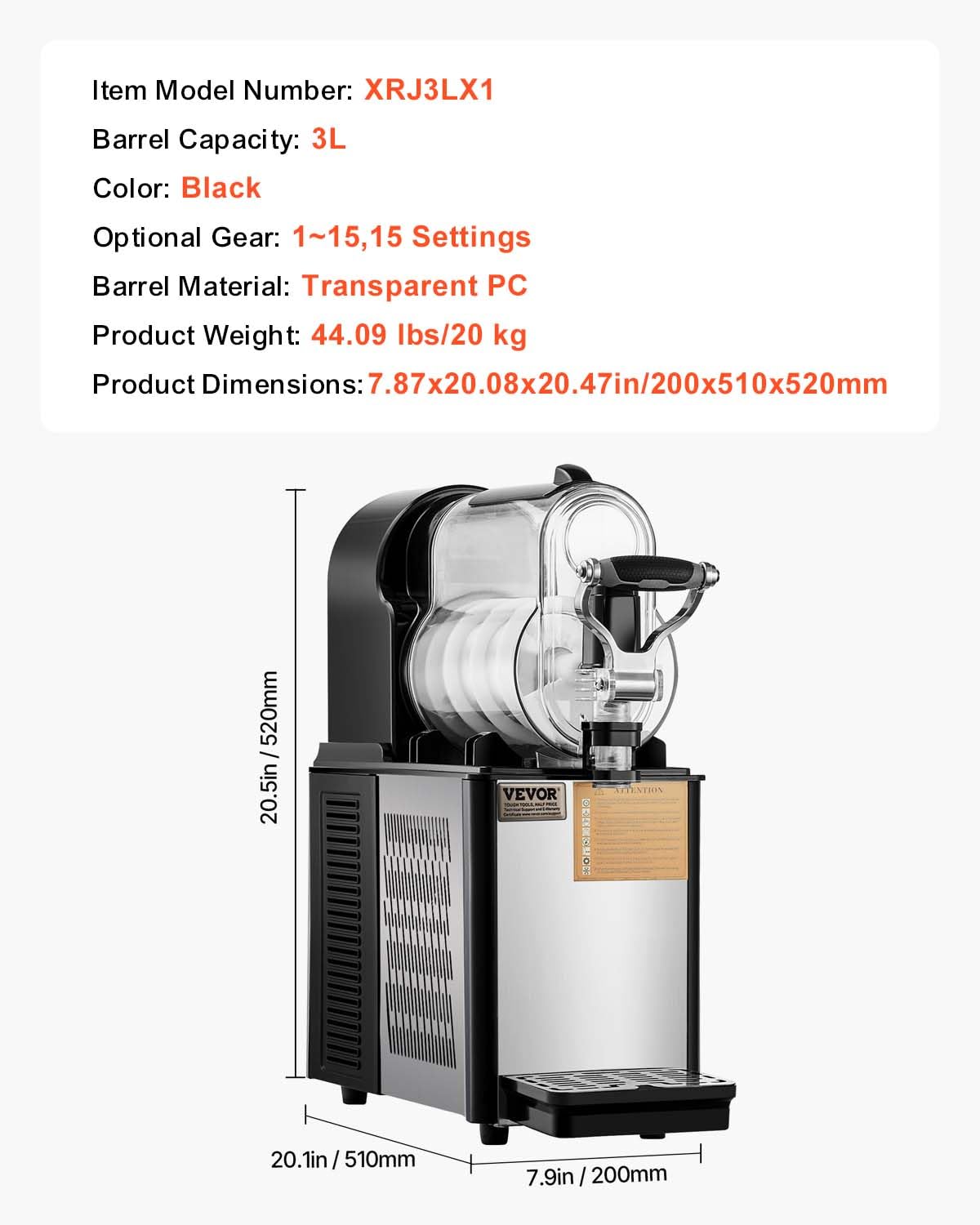 VEVOR Commercial Slushy Machine, 3L×1 Single Tank Frozen Beverage Maker, 12-Cup Stainless Steel Slushie Machine, Margarita Frozen Drink Smoothie Maker, for Restaurants, Bars, Cafes, and Food Truck