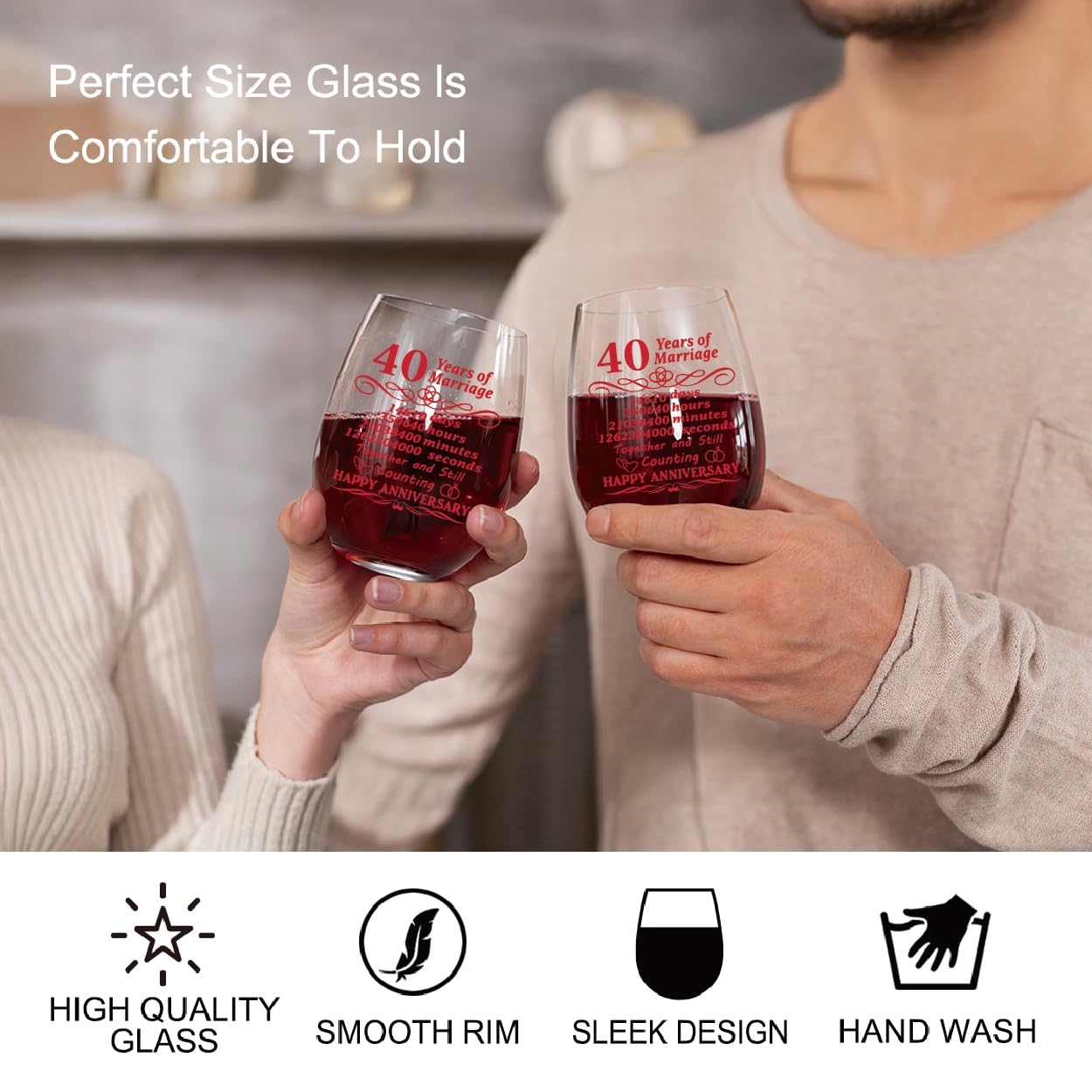 Perfectinsoy 40 Years of Marriage Wine Glasses Set of 2 with Metallic Memorial Card, 40th Birthday Wedding Gifts for Mom, Dad, Wife, Soulmate, Couple, Funny 40 Years Milestone Gift, Wedding Gift
