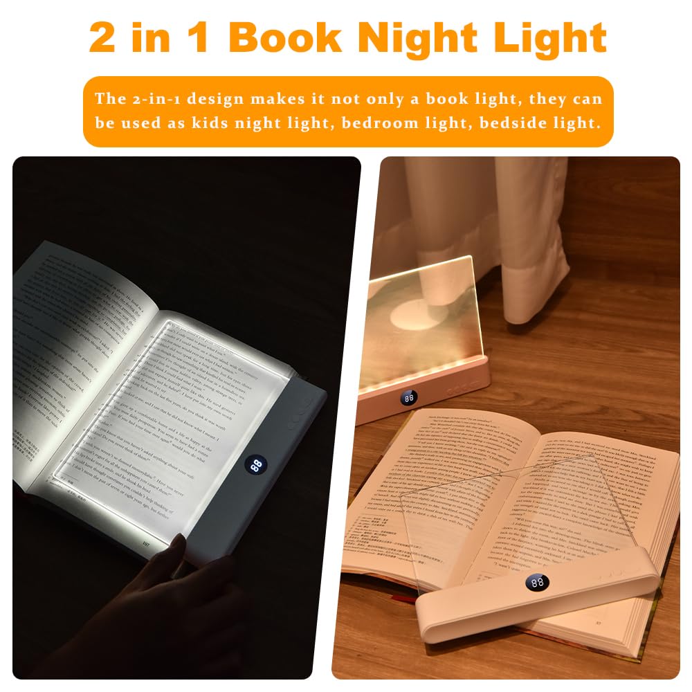 Book Light, Rechargeable Clear LED Flat Reading Light with 3 Colors & Timer, Dimmable Panel Plate Lamp Book Full Page Light for Reading in Bed at Night, Funny Gifts for Readers Kids Women Men (White)