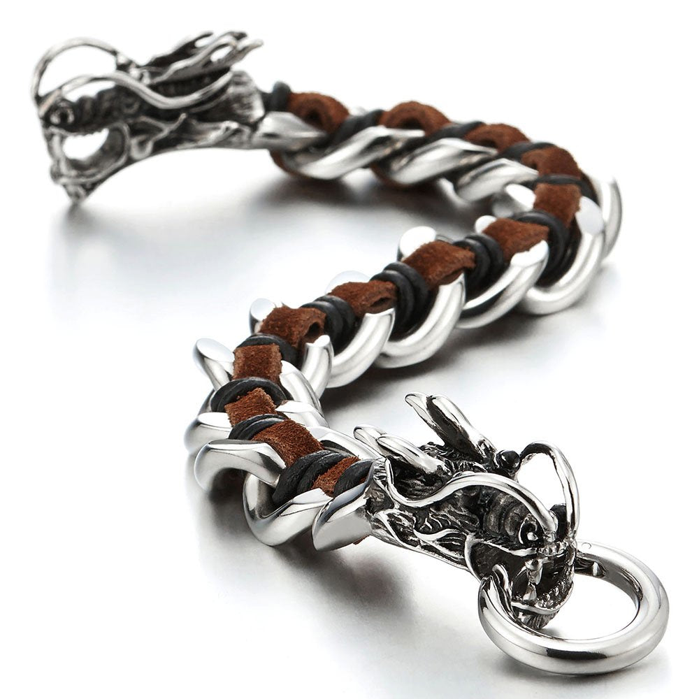COOLSTEELANDBEYOND Stainless Steel Mens Dragon Curb Chain Bracelet Interwoven with Brown Genuine Leather Strap