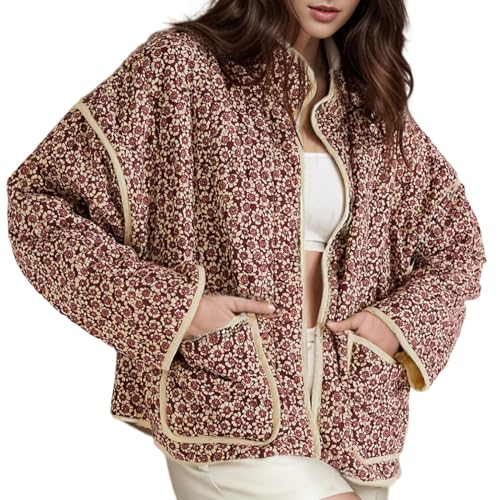 Yimoon Women's Cropped Puffer Quilted Jacket Vintage Floral Print Open Front Lightweight Short Jacket Outerwear