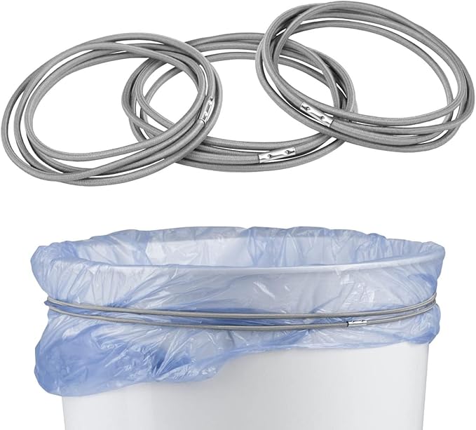 Trash Can Rubber Bands Set of 3 - Elastic Garbage Can Bands with Metal Connector, Fits 13 to 33 Gallon Trash Bags - Gripper Trash Can Bands for Waste Baskets, Grey