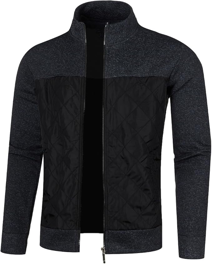 Men’s Color Blocked Zip-Up Jacket, Soft Knitted Sleeves and Stand Collar for Outdoor Casual Wear
