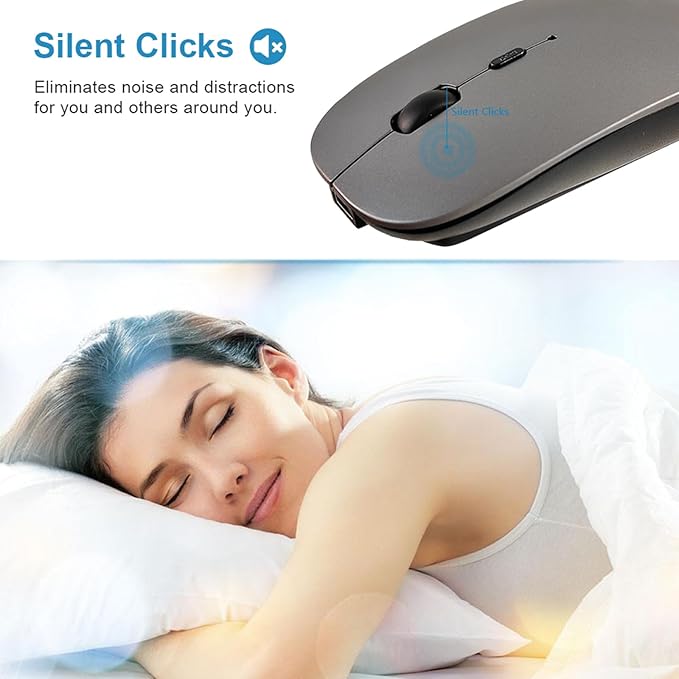SUNGI Bluetooth Mouse,Wireless Slim Silent Mouse Jiggler Rechargable Mouse for iPad/MacBook/Tablet/PC/iPhone/Cellphone,Gray