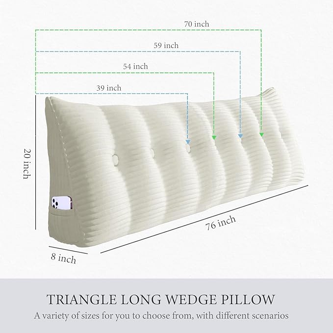 Wedge Headboard Pillow Dorm Room Reading Pillow Back Support for Sitting Up in Bed Bolster Lumbar Cushion Body Positioning Bedrest Corduroy (White, Full (54 * 8 * 20in))