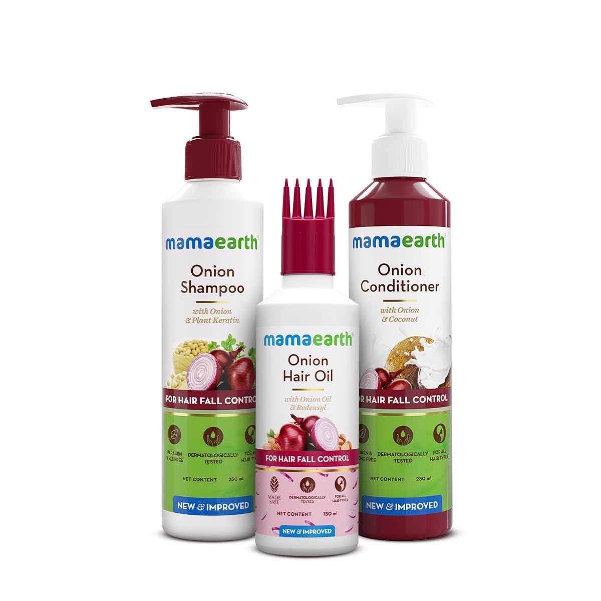 Mamaearth Onion Hair Care Kit - Hair Fall Control with 150ml Onion Oil & Shampoo + Conditioner (250ml Each) | Anti Hair Loss & G