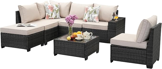 SunloungeCo 7 Pieces Outdoor Patio Furniture Set, Wicker Conversation Sets with Tea Table, Rattan Patio Sofa with Thick Cushions for Garden, Backyard Porch, Poolside,Beige
