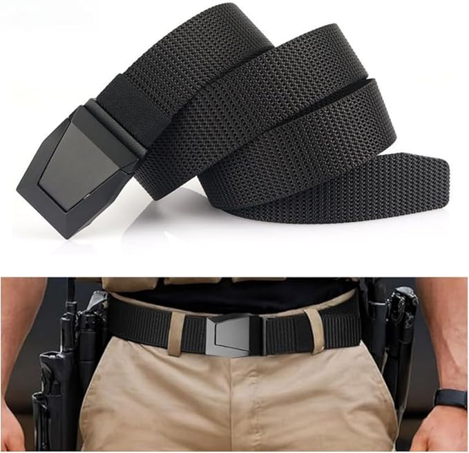 Tactical Belt for Men(1.5"W × 50"L), No Holes Adjustable Stretch Nylon Belts with Flap Buckle, Casual Belt for Working Hik...
