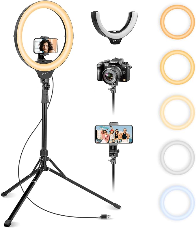 Aureday 14'' Selfie Ring Light with 62'' Tripod Stand and Phone Holder, Dimmable LED Phone Ringlight for Makeup/Video Reco...