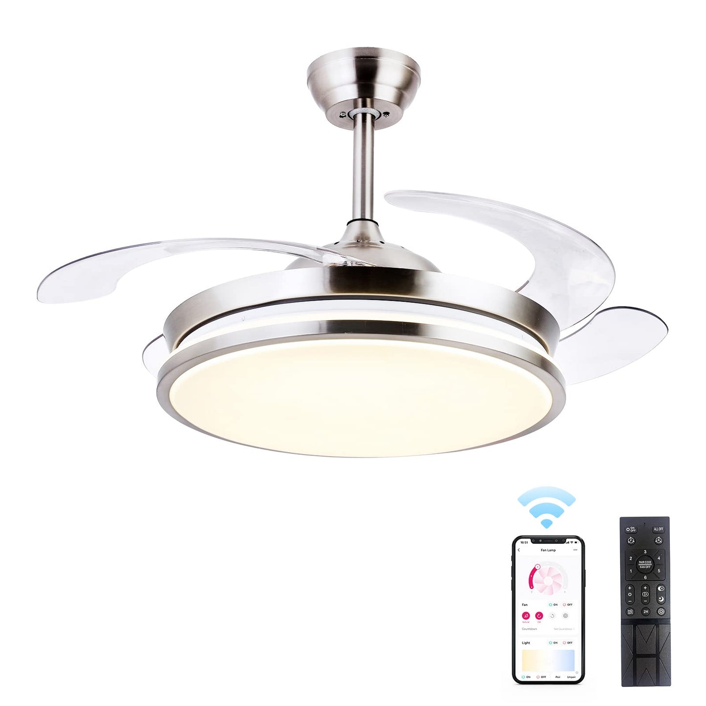 Sterren Retractable Ceiling Fans With Lights,42 Inch Modern Low Profile Bladeless Led Ceiling Fan Lights With Remote Control Sma