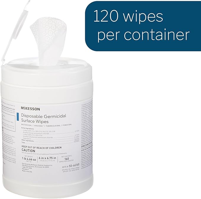 McKesson Germicidal Surface Wipes, Pre-Moistened Alcohol Cleaning Wipes for Hard Surfaces, Non-Woven Cloth - 6 in x 6 3/4 in, 160 Wipes, 1 Pack, 1 Count (Pack of 160)