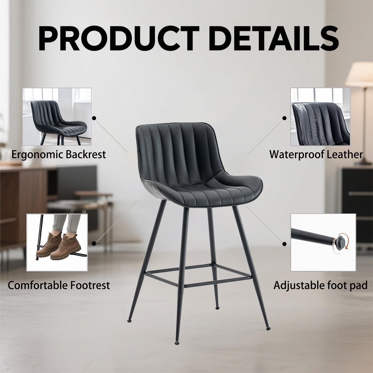Ofrnseze Black Bar Stools Set of 2, Faux Leather Counter Height Barstools with Back and Footrest, Modern Bar Chairs for Kitchen Island Home Bar, Black
