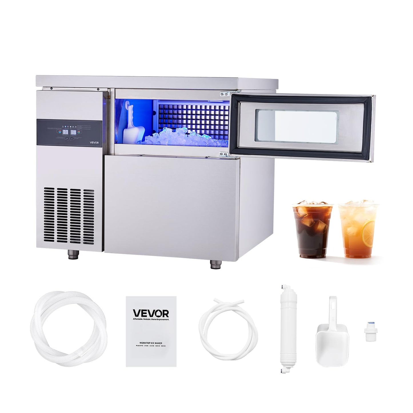 Vevor Commercial Ice Maker Machine, 265 Lbs/24H Stainless Steel Ice Machine With Worktop, 66 Lbs Storage & 126 Cubes/Cycle, Self
