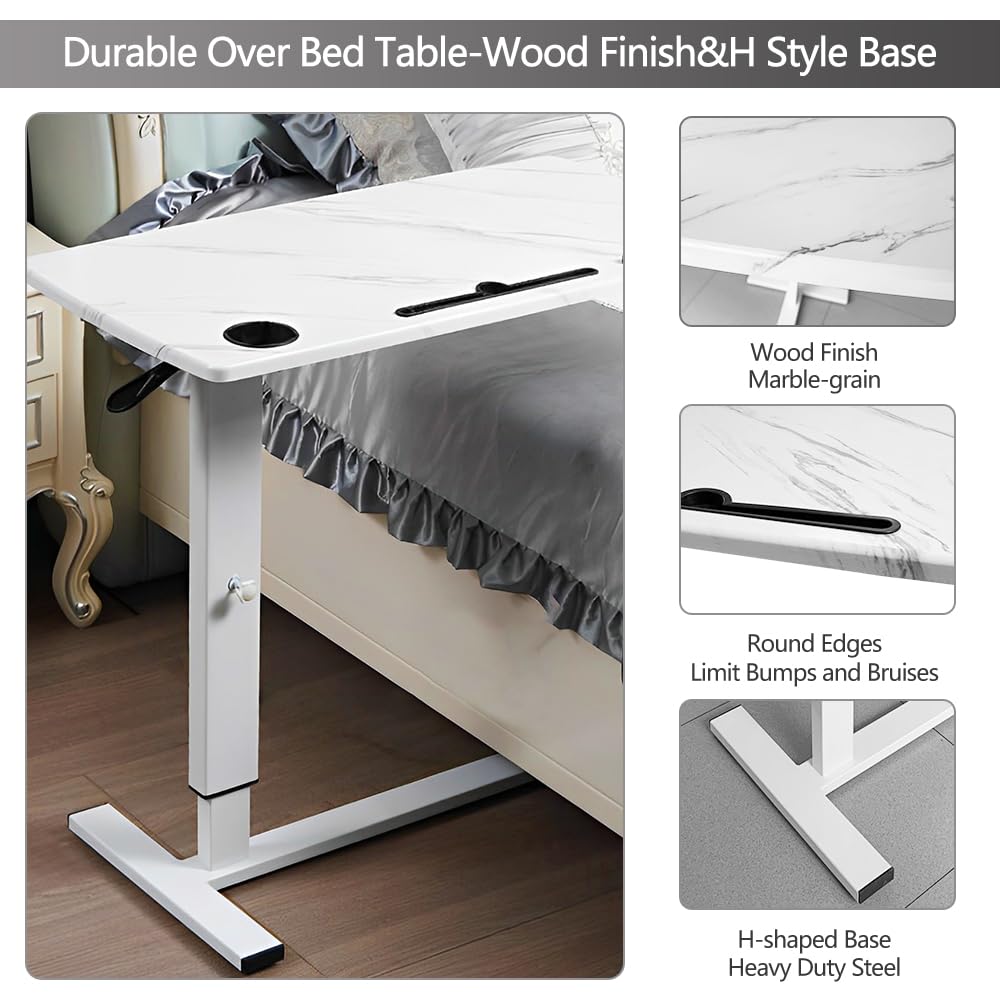 BeGyoku Overbed Table,Hospital Bed Table,Pneumatic Bed Tables Adjustable Over The Bed with Hidden Wheels&USB Port,Mobile Laptop Table Cart and Rolling Bedside Table with Tray Hospital Home Use-White