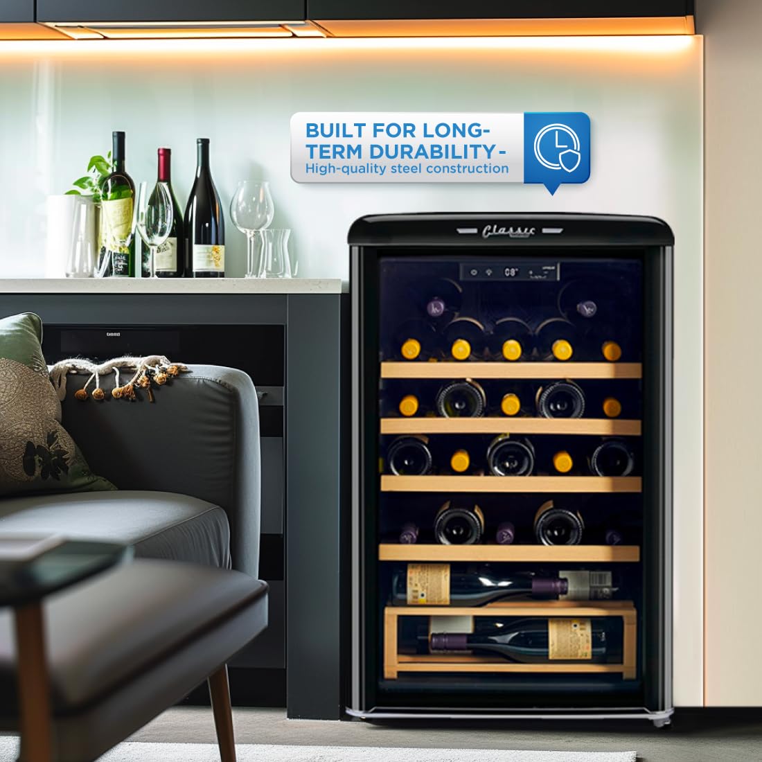 Unique Appliances Classic Retro Electric Wine Cooler, 28-Bottle Wine Fridge with Adjustable Wooden Shelves and Intuitive Digital Control Panel, Single Zone, 21", Midnight Black