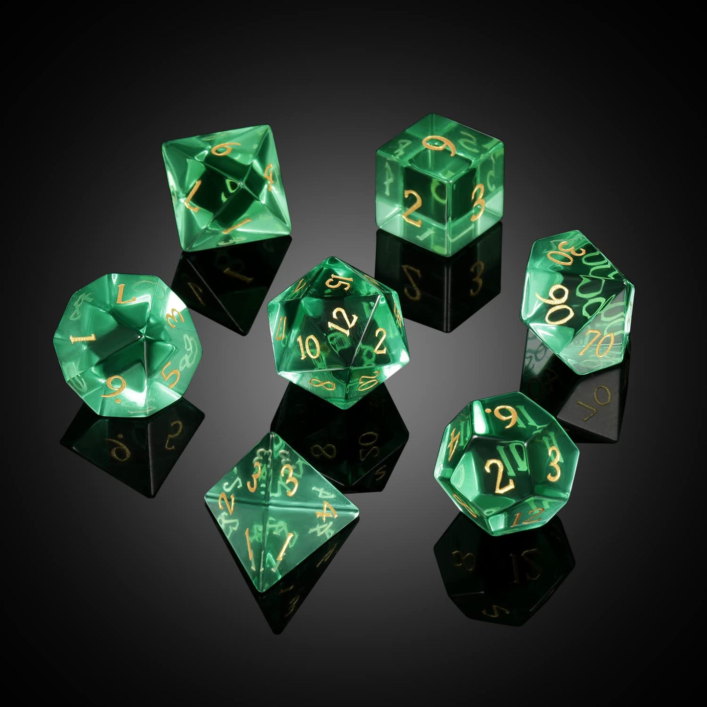 D&D Dice, DNDND 7 Piece Zircon Glass Dice Set with Great Gift Box for Dungeons and Dragon DND Tabletop Game (Green Glass with Gold Num)