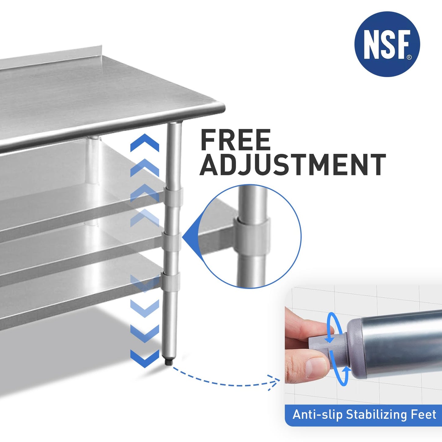 ROCKPOINT Stainless Steel Table for Prep & Work with Backsplash 30x48 Inches, NSF Metal Commercial Kitchen Heavy Duty Table with Adjustable Under Shelf and Table Foot for Restaurant, Home and Hotel
