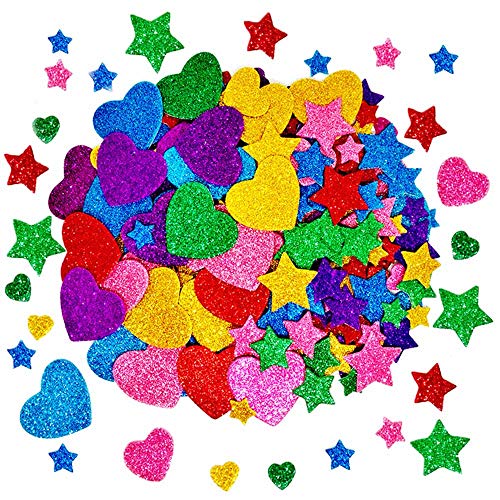 260 Pieces Colorful Glitter Foam Stickers Self Adhesive Stars Mini Heart Shapes Glitter Stickers, Kid's Arts Craft Supplie...