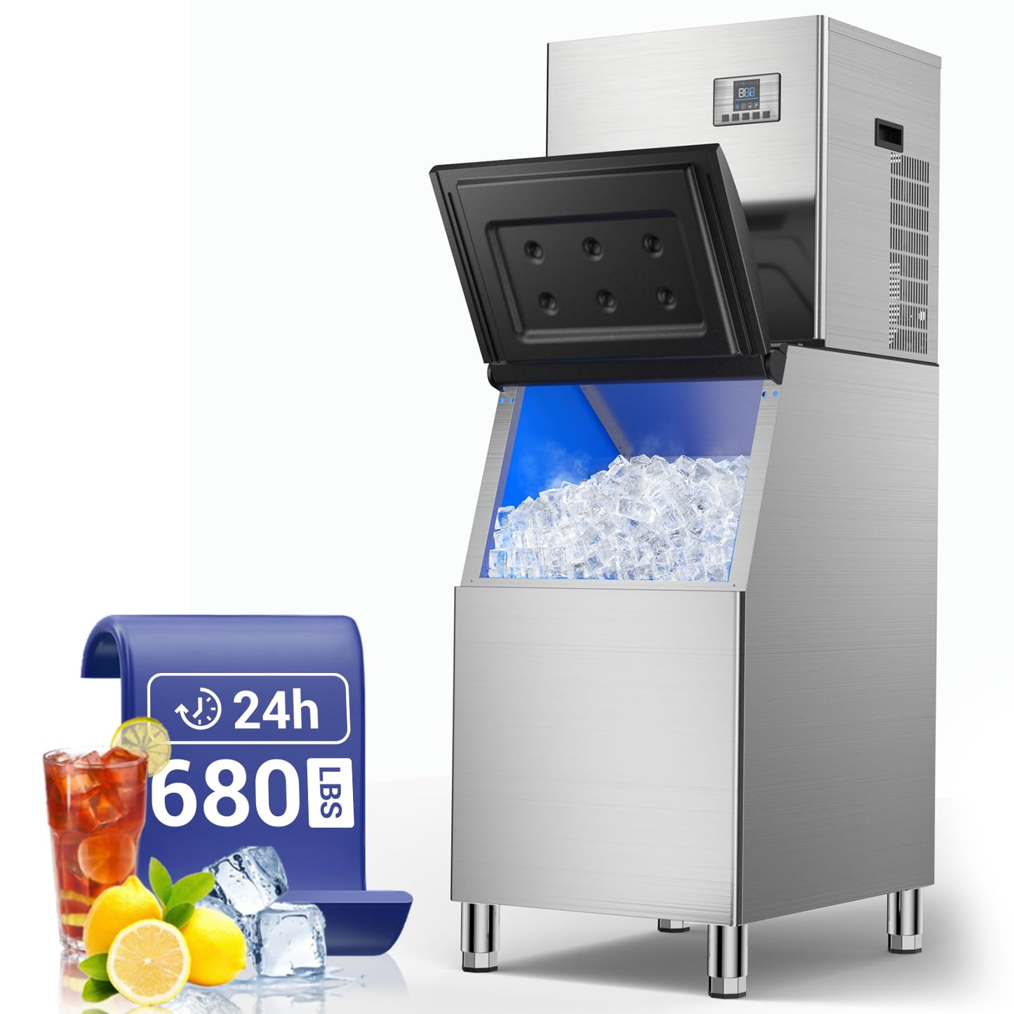 Commercial Ice Maker, 680 LBS/24h with 560 LBS Storage Bin, 210 Ice Cubes Ready in 5-15 min, Stainless Steel & Self Cleaning Industrial Ice Machine Perfect for Bar Restaurant Cafe