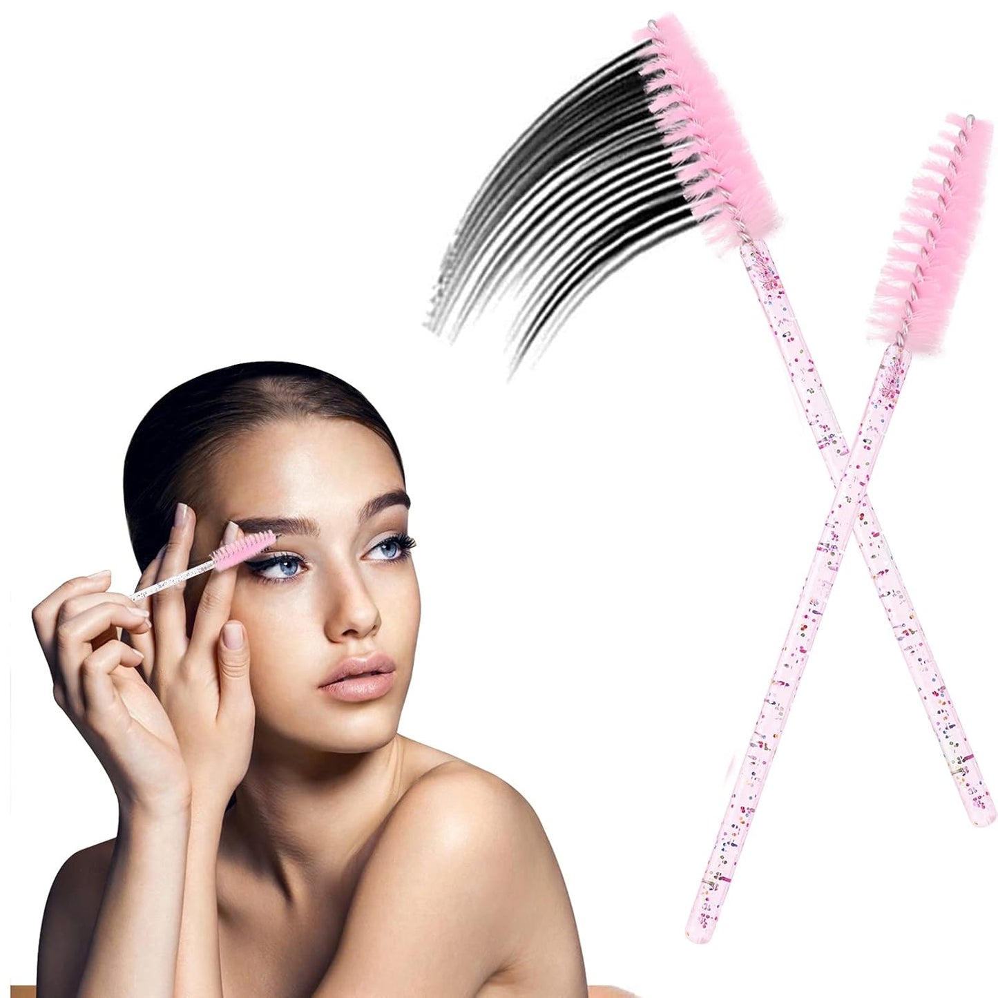 BTYMS 100 Pieces Disposable Lash Wands Eyelash Brushes with Crystal Handle Eyebrow Brushes Spoolies for Eyelash Extensions - Pink