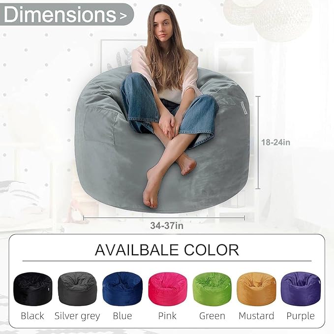 HABUTWAY Bean Bag Chair 3Ft Luxurious Velvet Ultra Soft Fur with High Rebound Memory Foam Bean Bag Chairs for Adults Plush Lazy Sofa with Fluffy Sponge 3' (Light Grey)