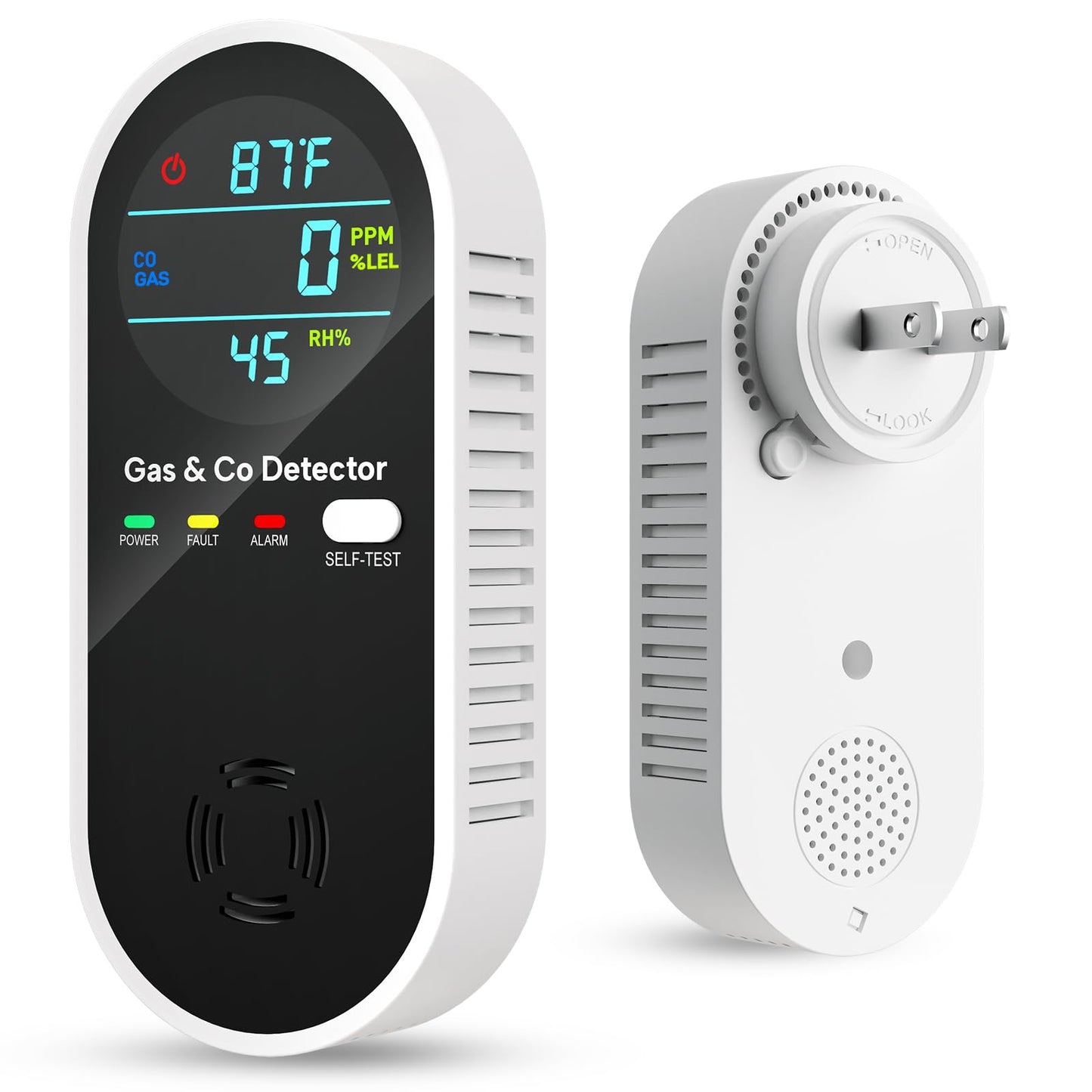 Vilfet Carbon Monoxide Detectors & Natural Gas Detector, 4-in-1 Carbon Monoxide Detectors Plug in, Gas Leak Detector with Dual Alarms, Temperature & Humidity Sensor for Home, RV, Black, 1 Pack