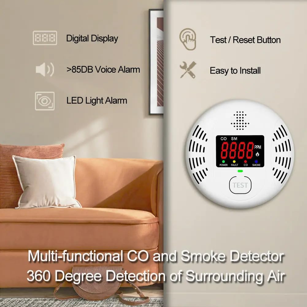Carbon Monoxide Detector and Smoke Alarm Combined with AA Battery Powered high-Definition Color Screen Detector LCD Digital Display for Home Office Kitchen Hotel Bedroom Voice Alarm 2PACK