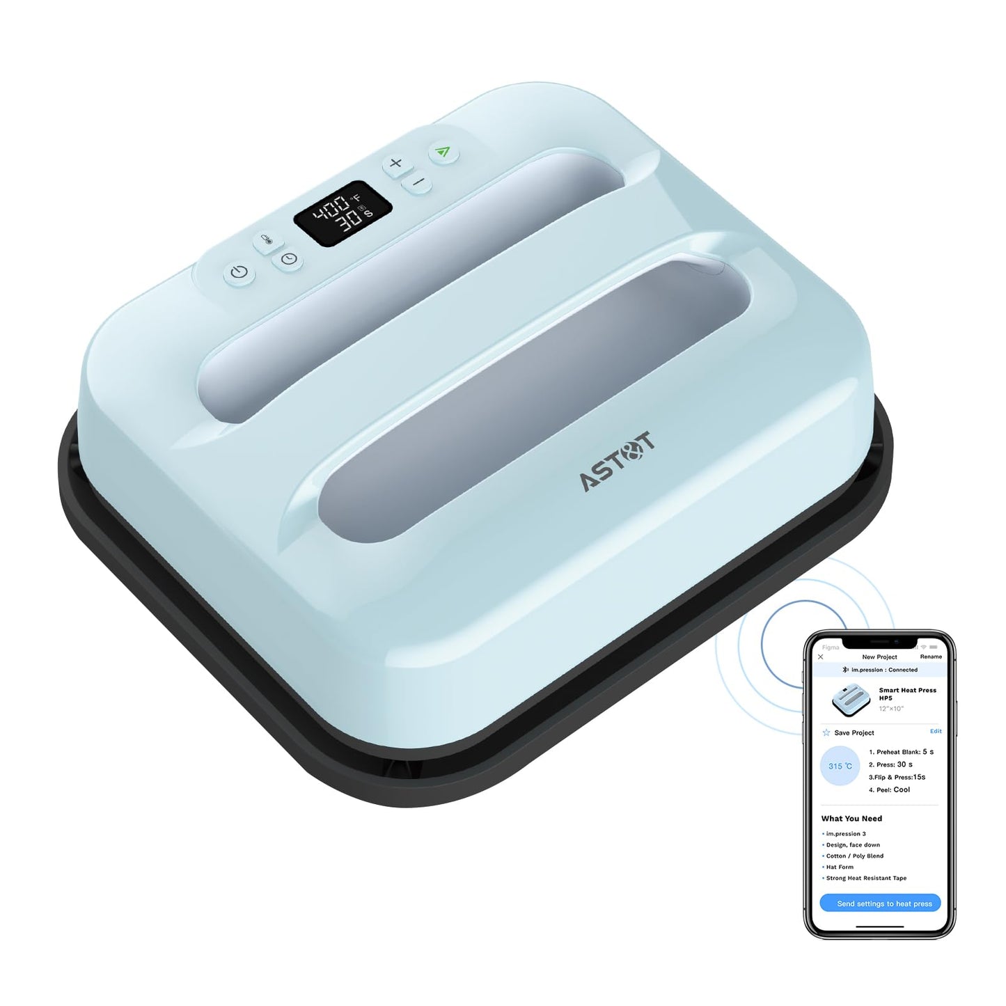 AST&T Heat Press 12"X10", Smart Heat Press Machine with Built-in Bluetooth for T-Shirts, Pillows, Tote Bags & More (Heat Press)