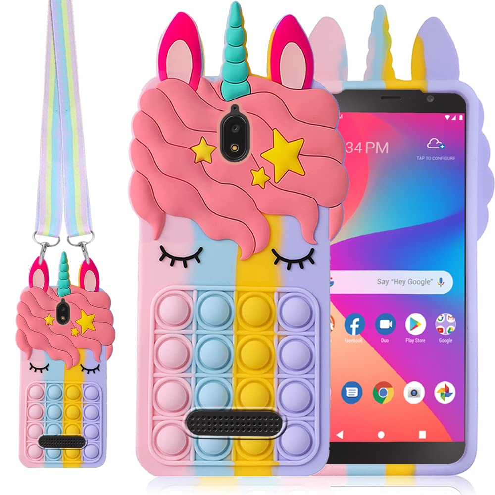 B-Wishy For Blu View 2 With Strap,Fidget Stress Relief Phone Case Push Pop Bubble 3D Cartoon Funny Cute Silicone Cover For Girls