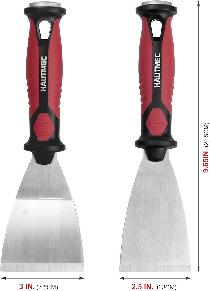 HAUTMEC 2pc Putty Knife Set, 2.5 in Straight and 3 in Offset Scrapers, Heavy Duty Stainless Steel Blade and Hammer End for Removing Wallpaper, Applying Putty, Plaster, Cement HT0061-PT