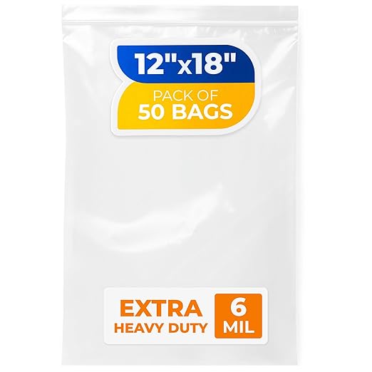 12" x 18" Large Zip Seal Lock Bags, 6 Mil (Pack of 50) – Heavy-Duty Reclosable Plastic Bags – Clear, Resealable, Waterproof – For Storing and Organizing Clothes, Jewelry, and Travel Items