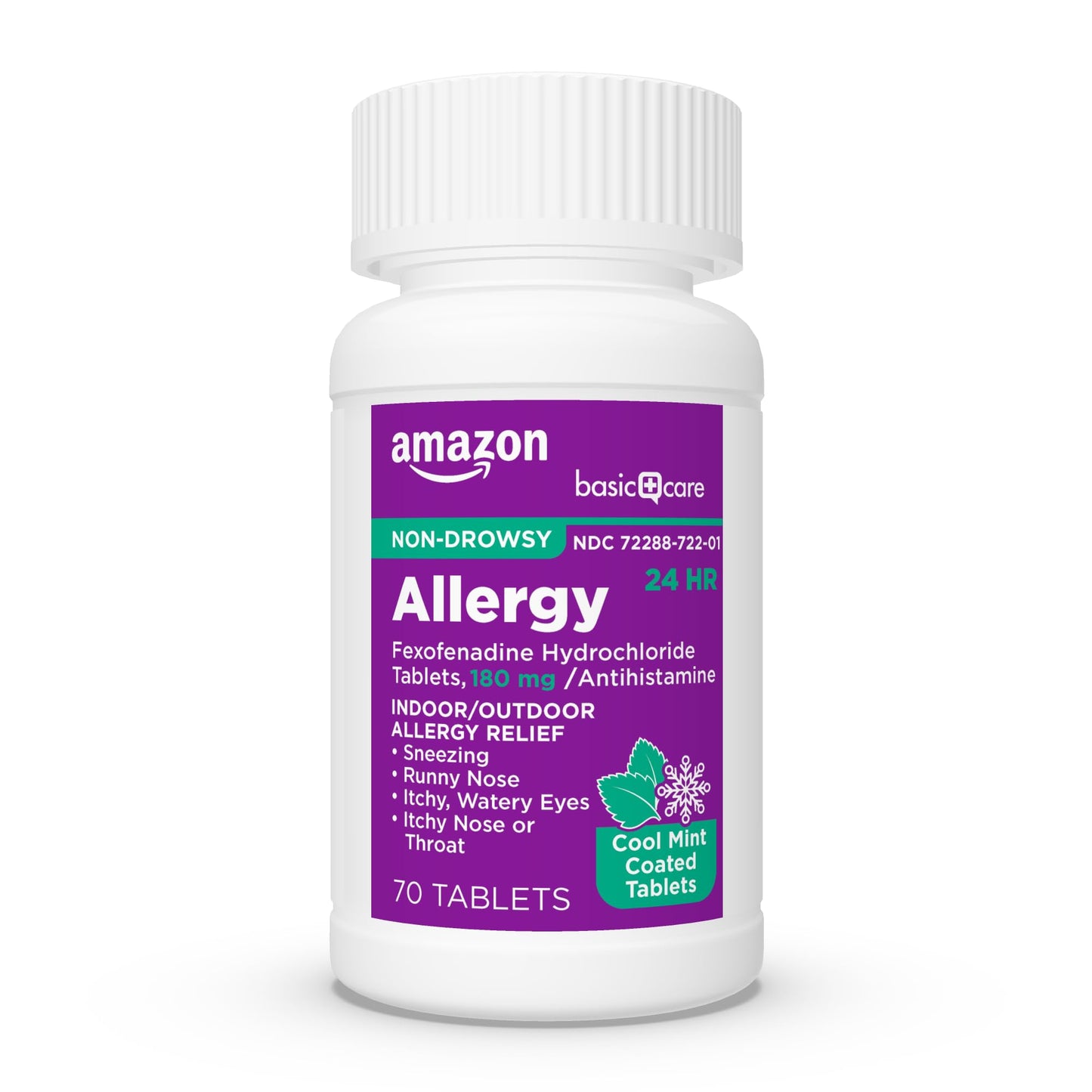 Amazon Basic Care Allergy Relief, 24 Hour, Fexofenadine Hydrochloride 180 mg, Non-Drowsy Antihistamine, Cool Mint Coated Tablets, 70 Count