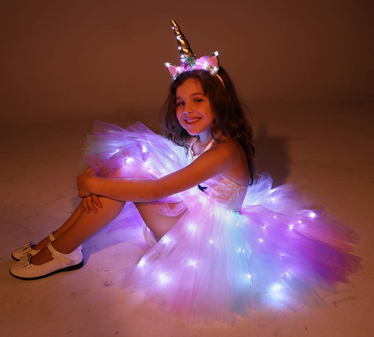 Viyorshop Girls Unicorn Costume LED Light Up Tutu Dress Up Birthday Gifts Princess Dress for Halloween Party(Sequins, 5-6 Years)