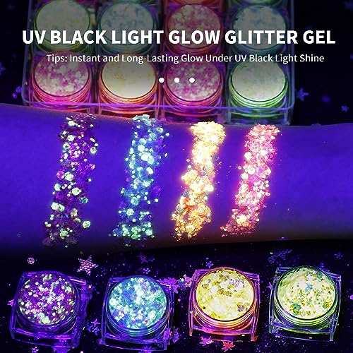 Glow in The Dark Body Face Glitter Gel for Women, 12 Colors Glitter Gel Makeup Chunky Fine Glitter, UV Black Light Accesso...