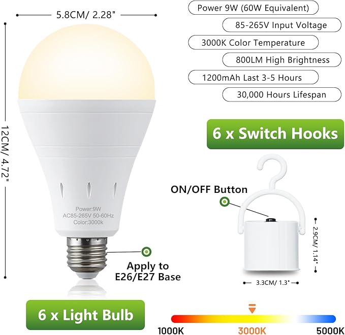 6 Pack Rechargeable Emergency Light Bulbs, Battery Powered Energy Efficient LED Light Bulb 3000K Warm E26 120 Volt 9W 60W Equivalent with 1200mAh for Home Power Outage Camping Hurricane