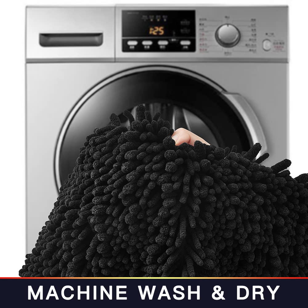 Walensee Bathroom Rug Non Slip Bath Mat (24x17 Inch Black) Water Absorbent Super Soft Shaggy Chenille Machine Washable Dry Extra Thick Perfect Absorbant Best Small Plush Carpet for Shower Floor